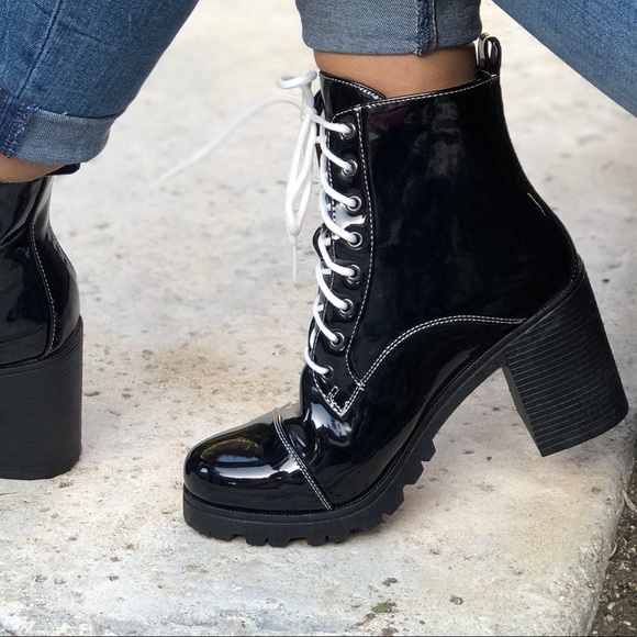 Shoes - Black patent combat ankle booties